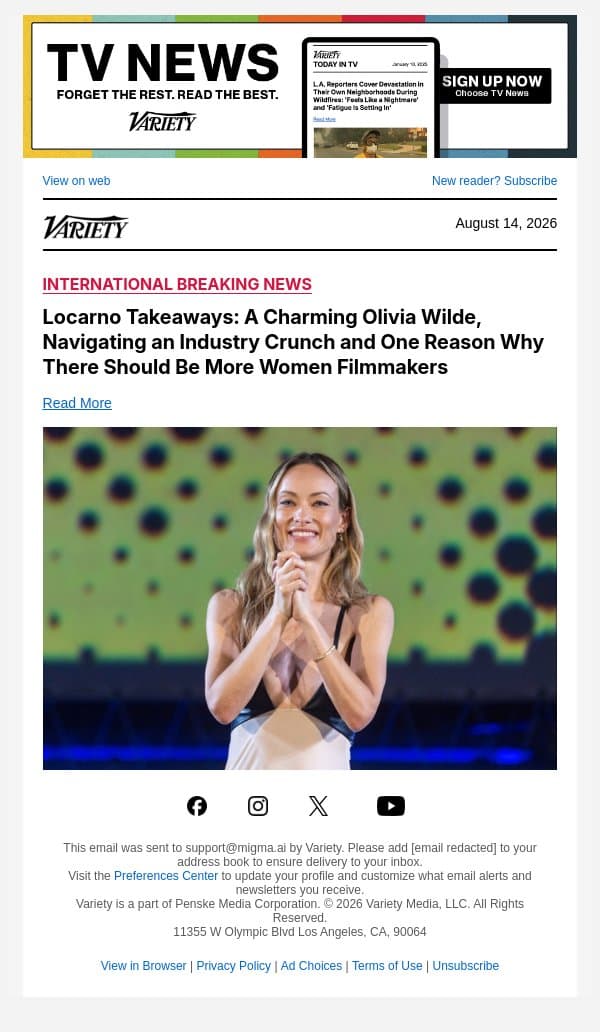 Locarno Takeaways: A Charming Olivia Wilde, Navigating an Industry Crunch and One Reason Why There Should Be More Women Filmmakers email from Variety screenshot
