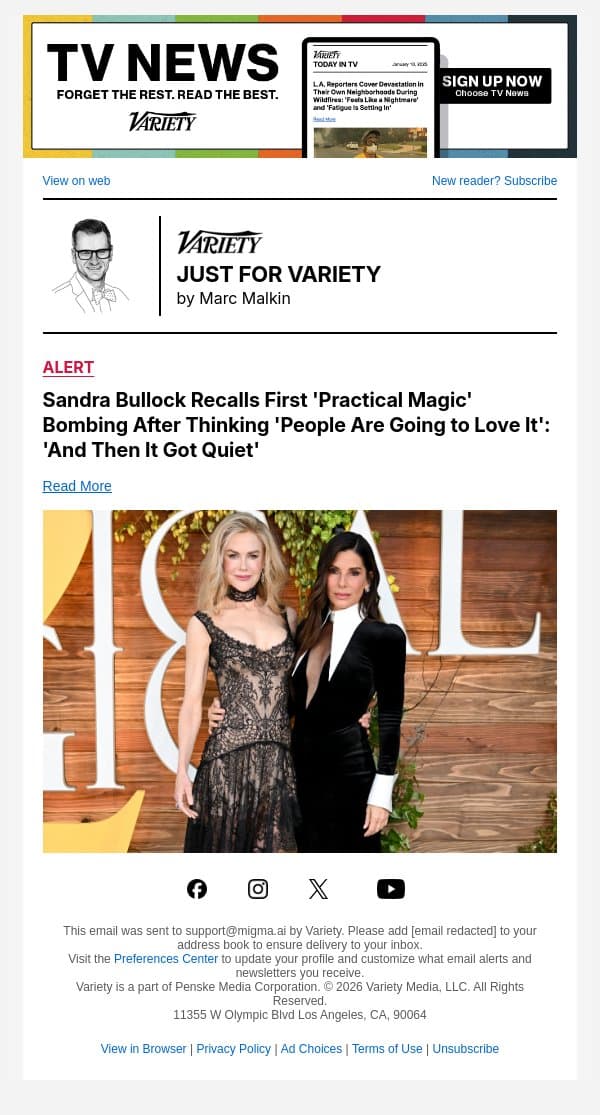 Sandra Bullock Recalls First 'Practical Magic' Bombing After Thinking 'People Are Going to Love It': 'And Then It Got Quiet' email from Variety screenshot