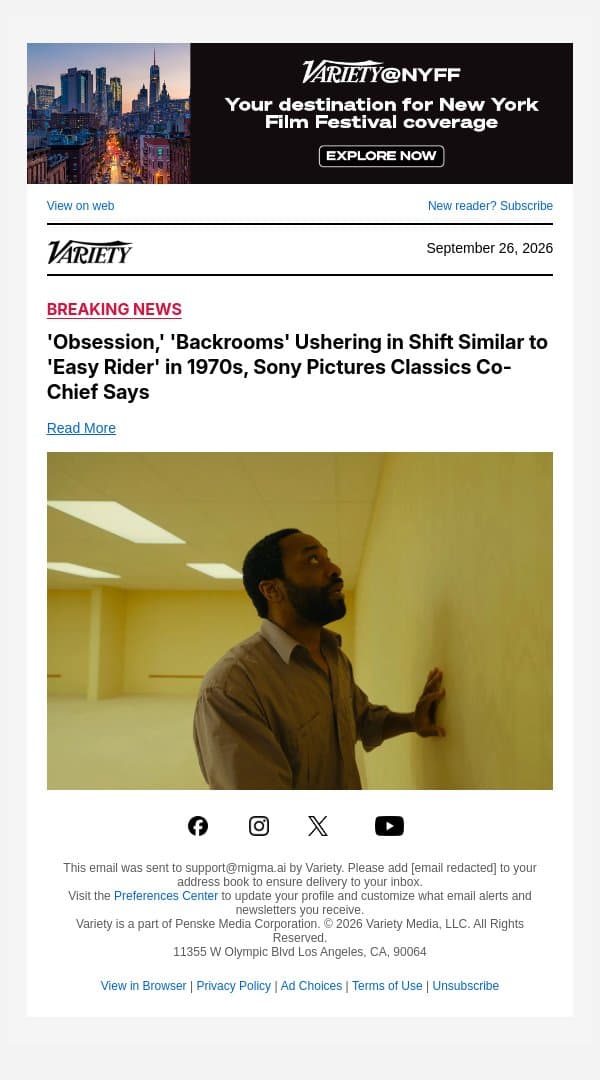 'Obsession,' 'Backrooms' Ushering in Shift Similar to 'Easy Rider' in 1970s, Sony Pictures Classics Co-Chief Says email from Variety screenshot