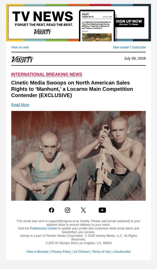Cinetic Media Swoops on North American Sales Rights to ‘Manhunt,’ a Locarno Main Competition Contender (EXCLUSIVE) email from Variety screenshot