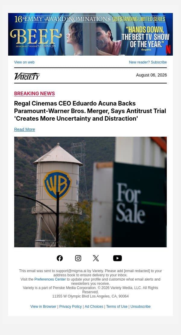 Regal Cinemas CEO Eduardo Acuna Backs Paramount-Warner Bros. Merger, Says Antitrust Trial 'Creates More Uncertainty and Distraction' email from Variety screenshot