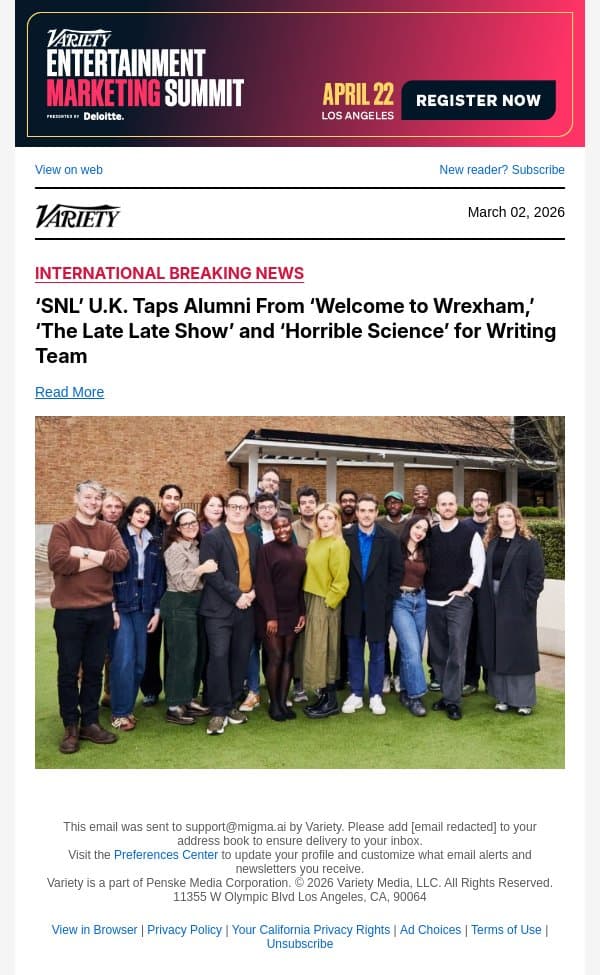 ‘SNL’ U.K. Taps Alumni From ‘Welcome to Wrexham,’ ‘The Late Late Show’ and ‘Horrible Science’ for Writing Team email from Variety screenshot