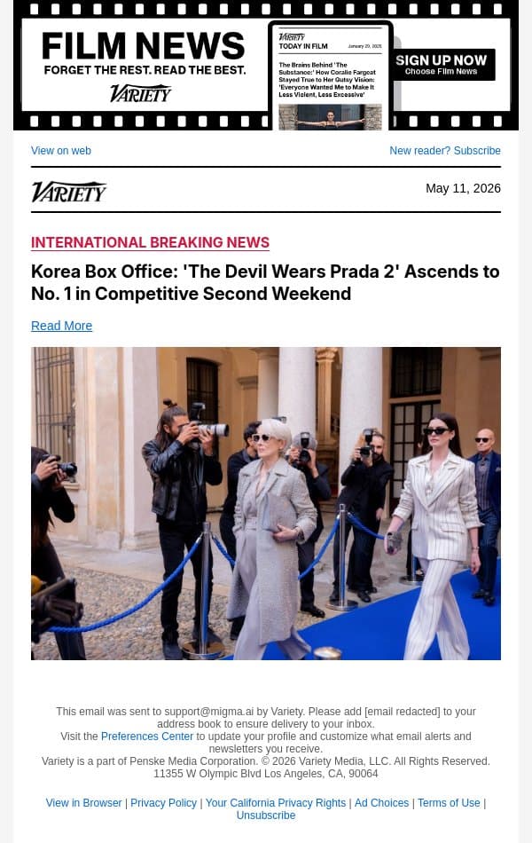 Korea Box Office: 'The Devil Wears Prada 2' Ascends to No. 1 in Competitive Second Weekend email from Variety screenshot