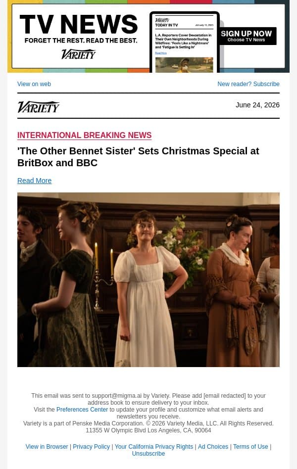'The Other Bennet Sister' Sets Christmas Special at BritBox and BBC email from Variety screenshot