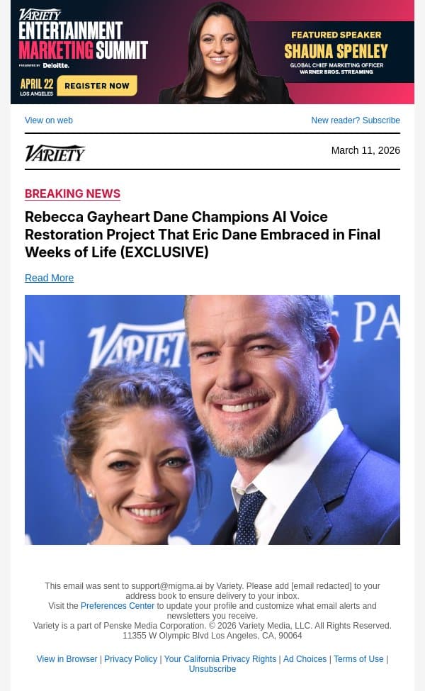 Rebecca Gayheart Dane Champions AI Voice Restoration Project That Eric Dane Embraced in Final Weeks of Life (EXCLUSIVE) email from Variety screenshot