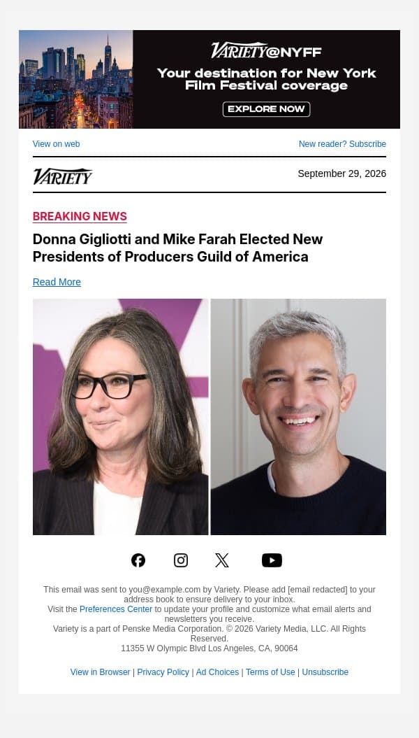 Donna Gigliotti and Mike Farah Elected New Presidents of Producers Guild of America email from Variety screenshot