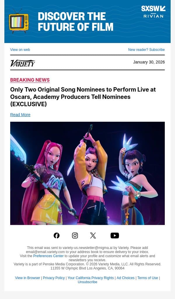 Only Two Original Song Nominees to Perform Live at Oscars, Academy Producers Tell Nominees (EXCLUSIVE) email from Variety screenshot