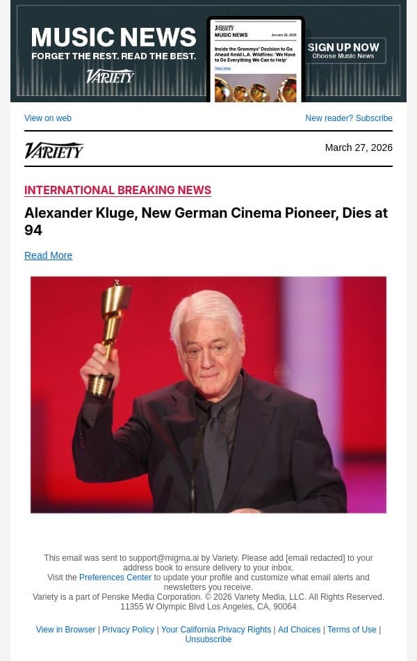 Alexander Kluge, New German Cinema Pioneer, Dies at 94 email from Variety screenshot