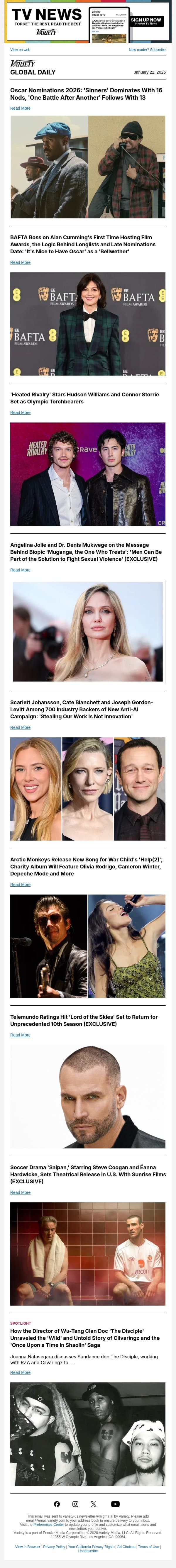Oscar Nominations; BAFTA Boss Speaks; 'Heated Rivalry' Heads to Olympics email from Variety screenshot