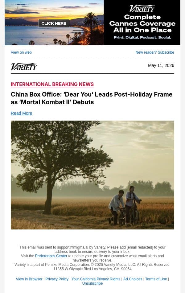 China Box Office: ‘Dear You’ Leads Post-Holiday Frame as ‘Mortal Kombat II’ Debuts email from Variety screenshot