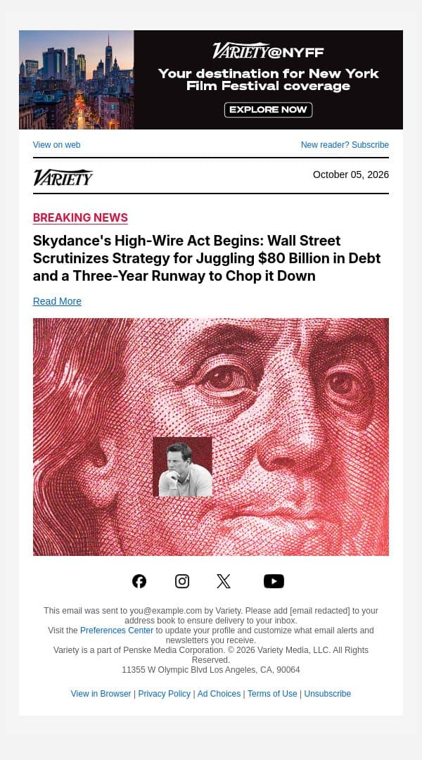 Skydance's High-Wire Act Begins: Wall Street Scrutinizes Strategy for Juggling $80 Billion in Debt and a Three-Year Runway to Chop it Down email from Variety screenshot