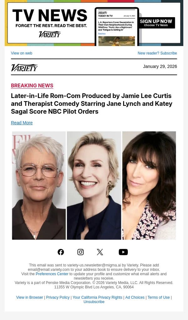 Later-in-Life Rom-Com Produced by Jamie Lee Curtis and Therapist Comedy Starring Jane Lynch and Katey Sagal Score NBC Pilot Orders email from Variety screenshot