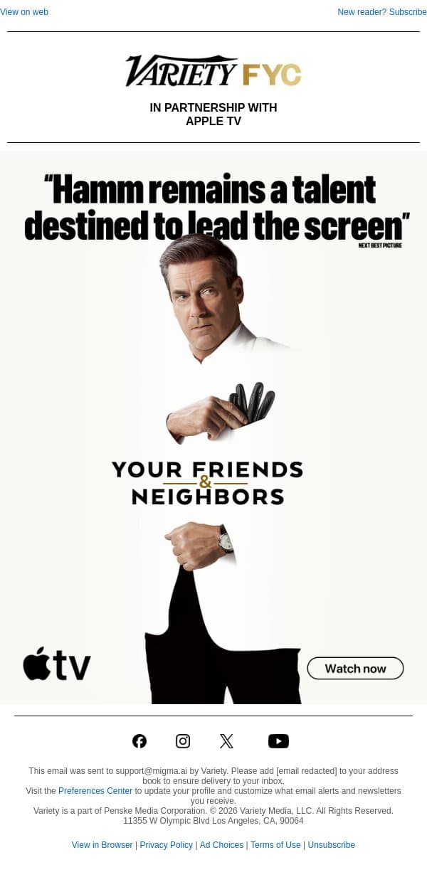 Jon Hamm is as magnetic as ever | Your Friends & Neighbors | Watch Now email from Variety screenshot