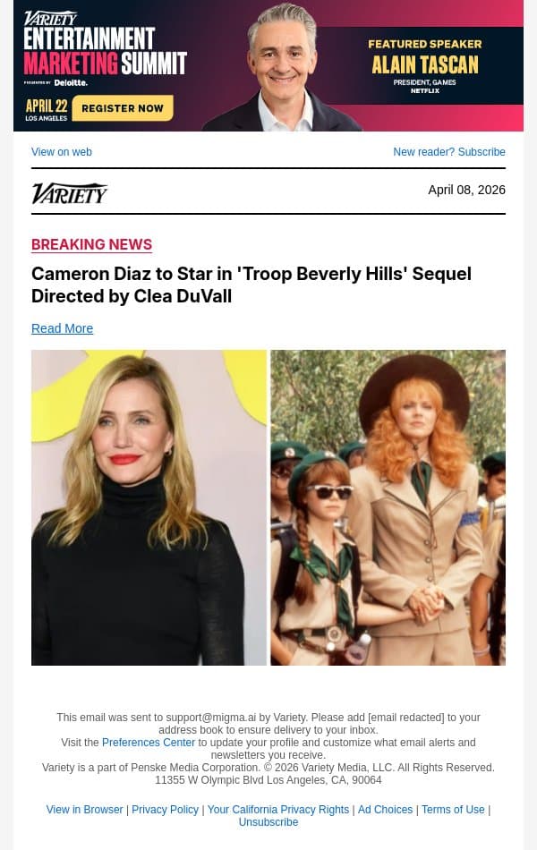 Cameron Diaz to Star in 'Troop Beverly Hills' Sequel Directed by Clea DuVall email from Variety screenshot