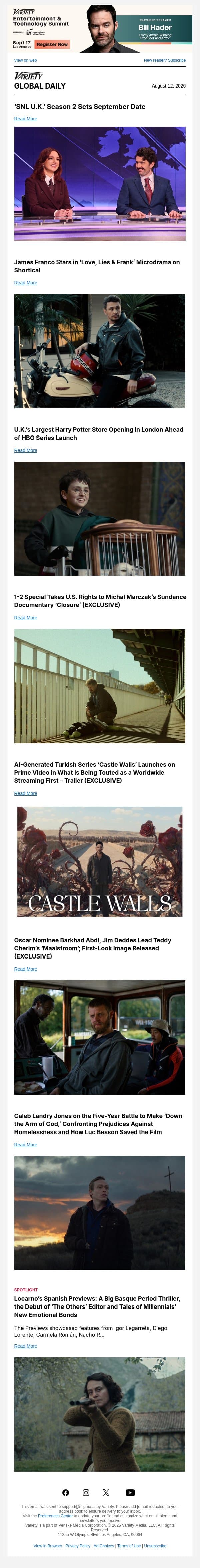 ‘SNL U.K.’ Date; Franco Microdrama; New Potter Store email from Variety screenshot