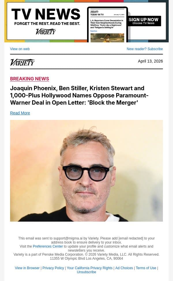 Joaquin Phoenix, Ben Stiller, Kristen Stewart and 1,000-Plus Hollywood Names Oppose Paramount-Warner Deal in Open Letter: 'Block the Merger' email from Variety screenshot