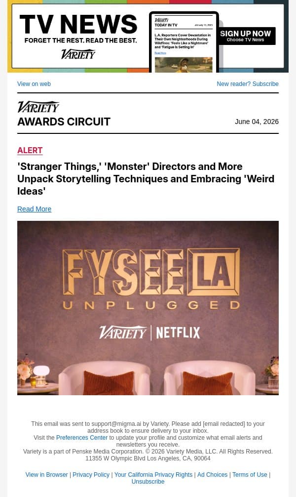 'Stranger Things,' 'Monster' Directors and More Unpack Storytelling Techniques and Embracing 'Weird Ideas' email from Variety screenshot