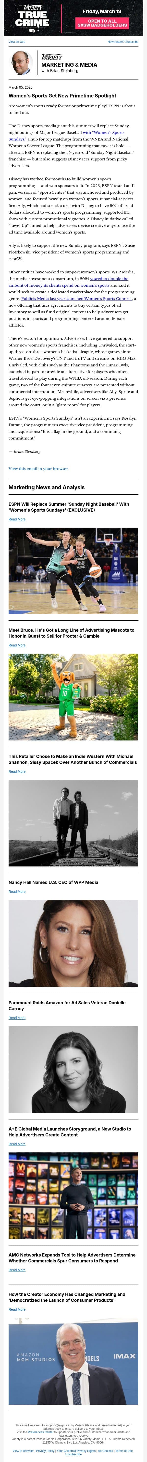 Marketing & Media Newsletter: New Primetime For Women's Sports; Meet Bruce!; Indie Western Over Commercials; Nancy Hall Takes U.S. CEO Reins at WPP Media email from Variety screenshot