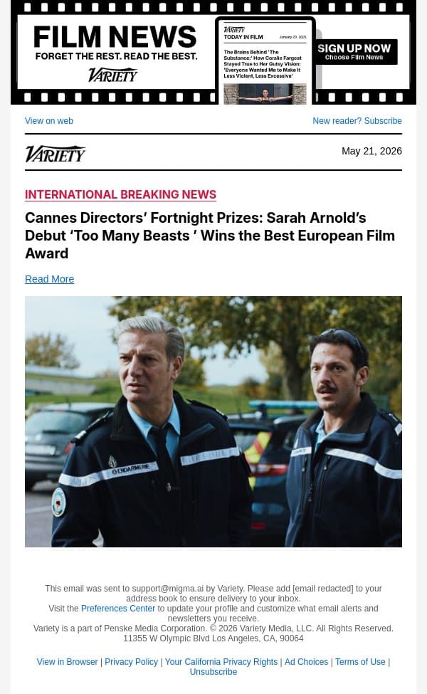 Cannes Directors’ Fortnight Prizes: Sarah Arnold’s Debut ‘Too Many Beasts ’ Wins the Best European Film Award email from Variety screenshot