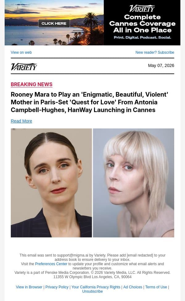 Rooney Mara to Play an 'Enigmatic, Beautiful, Violent' Mother in Paris-Set 'Quest for Love' From Antonia Campbell-Hughes, HanWay Launching in Cannes email from Variety screenshot