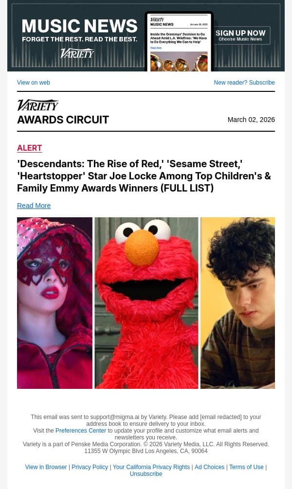 'Descendants: The Rise of Red,' 'Sesame Street,' 'Heartstopper' Star Joe Locke Among Top Children's and Family Emmy Awards Winners (FULL LIST) email from Variety screenshot