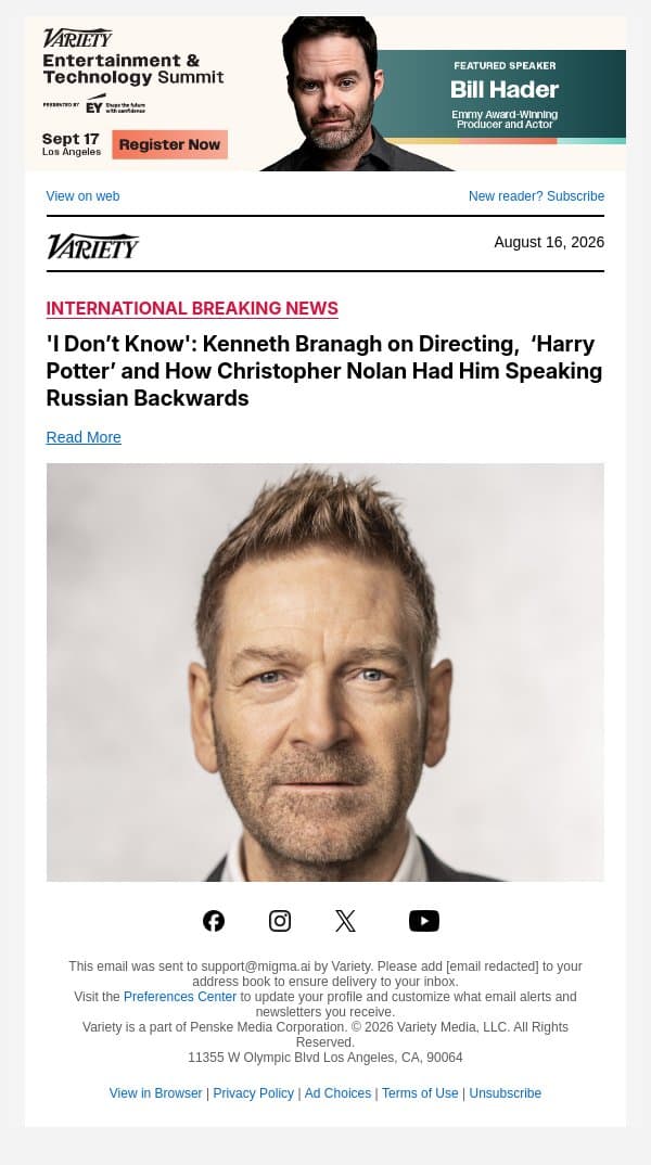 'I Don’t Know': Kenneth Branagh on Directing, ‘Harry Potter’ and How Christopher Nolan Had Him Speaking Russian Backwards email from Variety screenshot