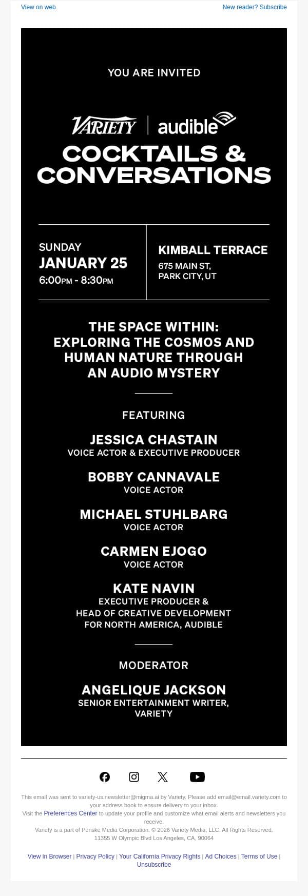 Attending Sundance Film Festival? Join Variety & Audible for our Cocktails & Conversations Event on Sunday, January 25 email from Variety screenshot