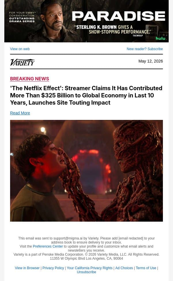 'The Netflix Effect': Streamer Claims It Has Contributed More Than $325 Billion to Global Economy in Last 10 Years, Launches Site Touting Impact email from Variety screenshot
