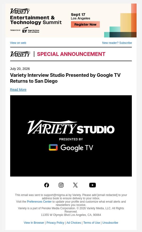 Variety Interview Studio Presented by Google TV Returns to San Diego email from Variety screenshot