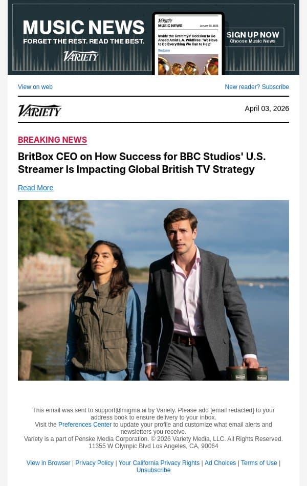 BritBox CEO on How Success for BBC Studios' U.S. Streamer Is Impacting Global British TV Strategy email from Variety screenshot