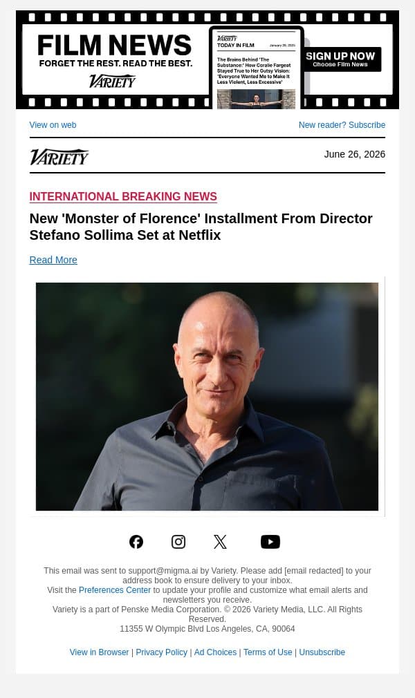 New 'Monster of Florence' Installment From Director Stefano Sollima Set at Netflix email from Variety screenshot