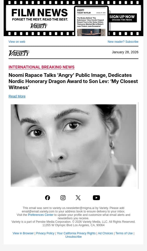 Noomi Rapace Talks 'Angry' Public Image, Dedicates Nordic Honorary Dragon Award to Son Lev: ‘My Closest Witness’ email from Variety screenshot
