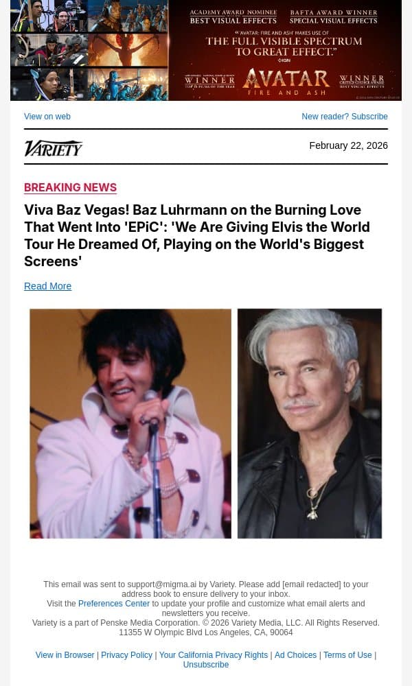 Viva Baz Vegas! Baz Luhrmann on the Burning Love That Went Into 'EPiC': 'We Are Giving Elvis the World Tour He Dreamed Of, Playing on the World's Biggest Screens' email from Variety screenshot
