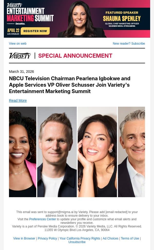 NBCU Television Chairman Pearlena Igbokwe and Apple Services VP Oliver Schusser Join Variety's Entertainment Marketing Summit email from Variety screenshot