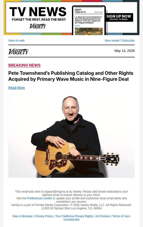 Pete Townshend’s Publishing Catalog and Other Rights Acquired by Primary Wave Music in Nine-Figure Deal email from Variety screenshot