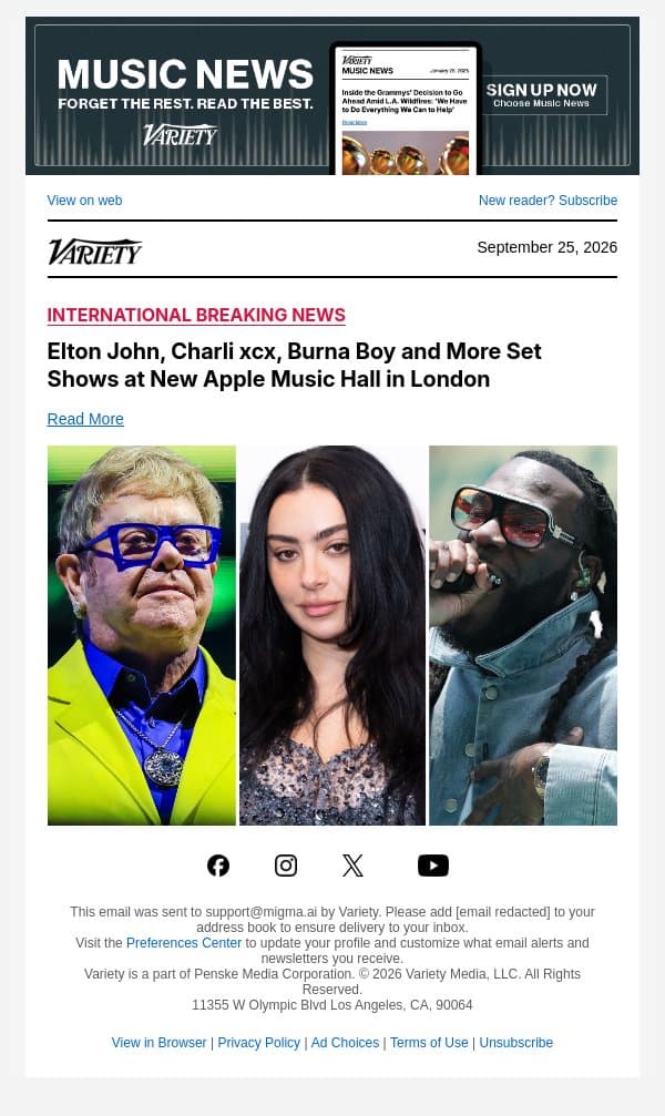 Elton John, Charli xcx, Burna Boy and More Set Shows at New Apple Music Hall in London email from Variety screenshot