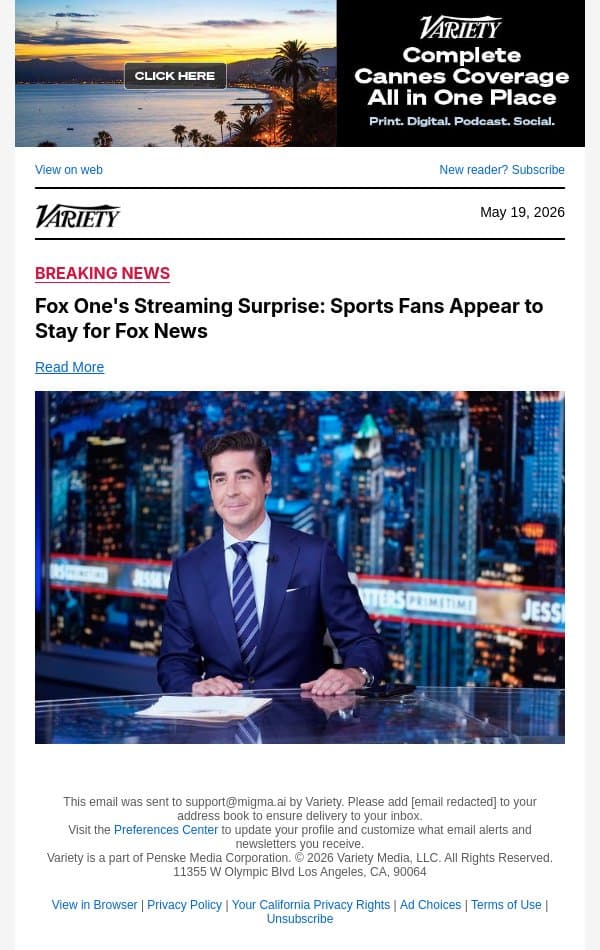 Fox One's Streaming Surprise: Sports Fans Appear to Stay for Fox News email from Variety screenshot