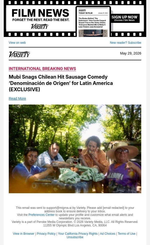 Mubi Snags Chilean Hit Sausage Comedy ‘Denominación de Origen’ for Latin America (EXCLUSIVE) email from Variety screenshot