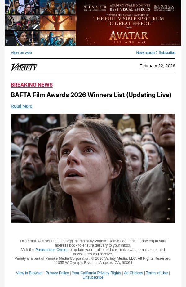 'Hamnet' Wins BAFTA for Outstanding British Film email from Variety screenshot