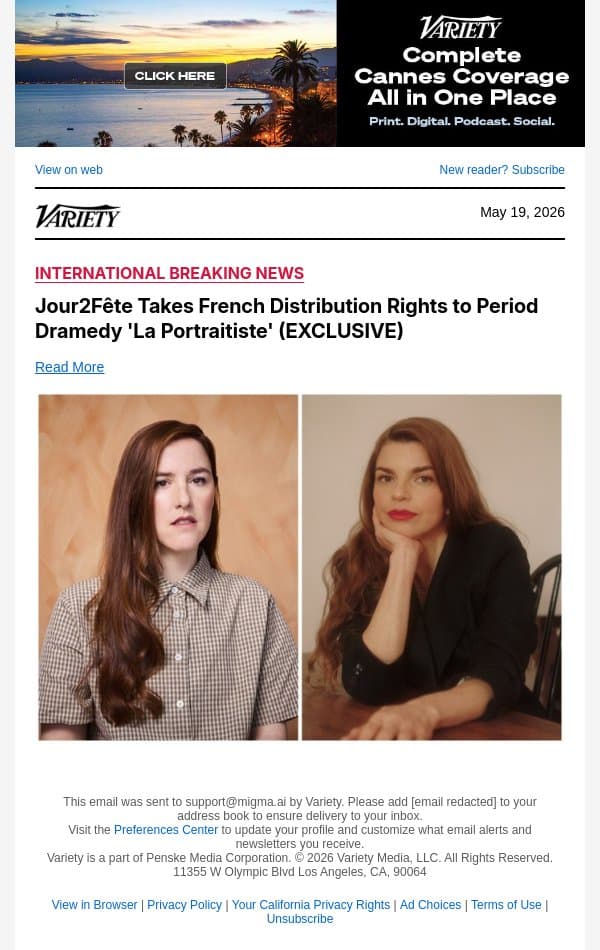 Jour2Fête Takes French Distribution Rights to Period Dramedy 'La Portraitiste' (EXCLUSIVE) email from Variety screenshot