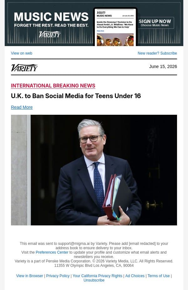U.K. to Ban Social Media for Teens Under 16 email from Variety screenshot