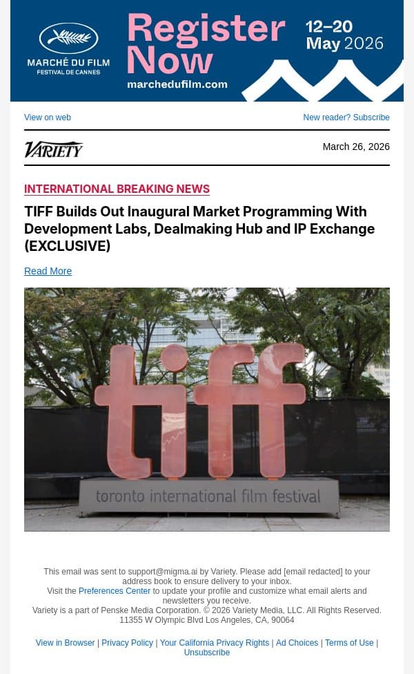 TIFF Builds Out Inaugural Market Programming With Development Labs, Dealmaking Hub and IP Exchange (EXCLUSIVE) email from Variety screenshot