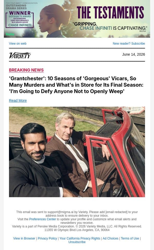 'Grantchester': 10 Seasons of 'Gorgeous' Vicars, So Many Murders and What's in Store for Its Final Season: 'I’m Going to Defy Anyone Not to Openly Weep' email from Variety screenshot