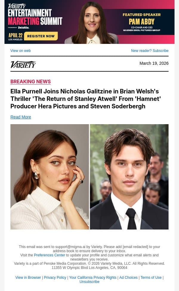 Ella Purnell Joins Nicholas Galitzine in Brian Welsh's Thriller 'The Return of Stanley Atwell' From 'Hamnet' Producer Hera Pictures and Steven Soderbergh email from Variety screenshot