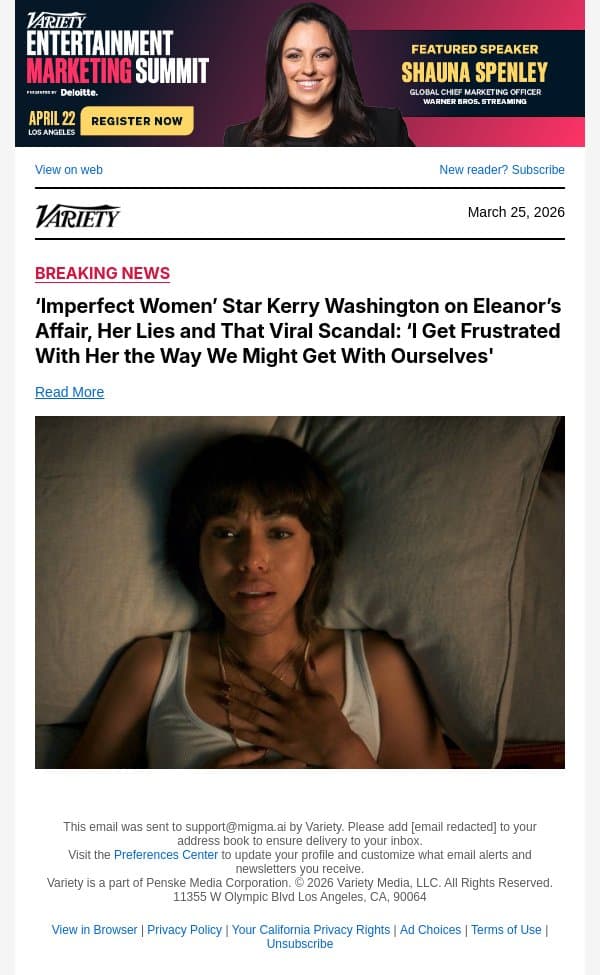 ‘Imperfect Women’ Star Kerry Washington on Eleanor’s Affair, Her Lies and That Viral Scandal: ‘I Get Frustrated With Her the Way We Might Get With Ourselves' email from Variety screenshot