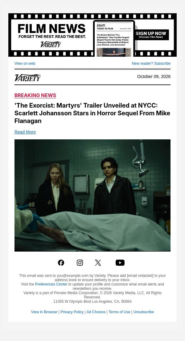 'The Exorcist: Martyrs' Trailer Unveiled at NYCC: Scarlett Johansson Stars in Horror Sequel From Mike Flanagan email from Variety screenshot