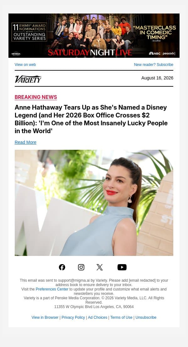 Anne Hathaway Tears Up as She's Named a Disney Legend (and Her 2026 Box Office Crosses $2 Billion): 'I'm One of the Most Insanely Lucky People in the World' email from Variety screenshot