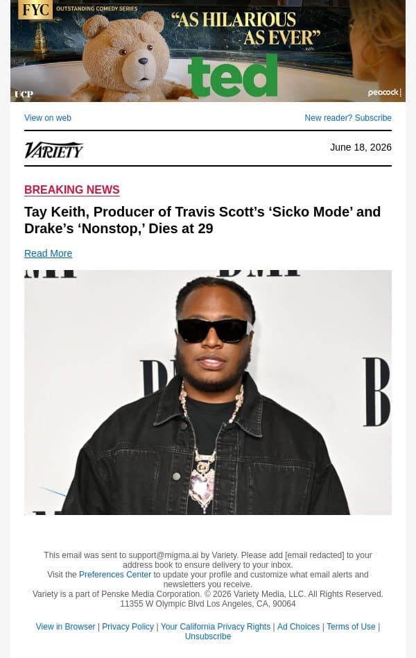 Tay Keith, Producer of Travis Scott’s ‘Sicko Mode’ and Drake’s ‘Nonstop,’ Dies at 29 email from Variety screenshot