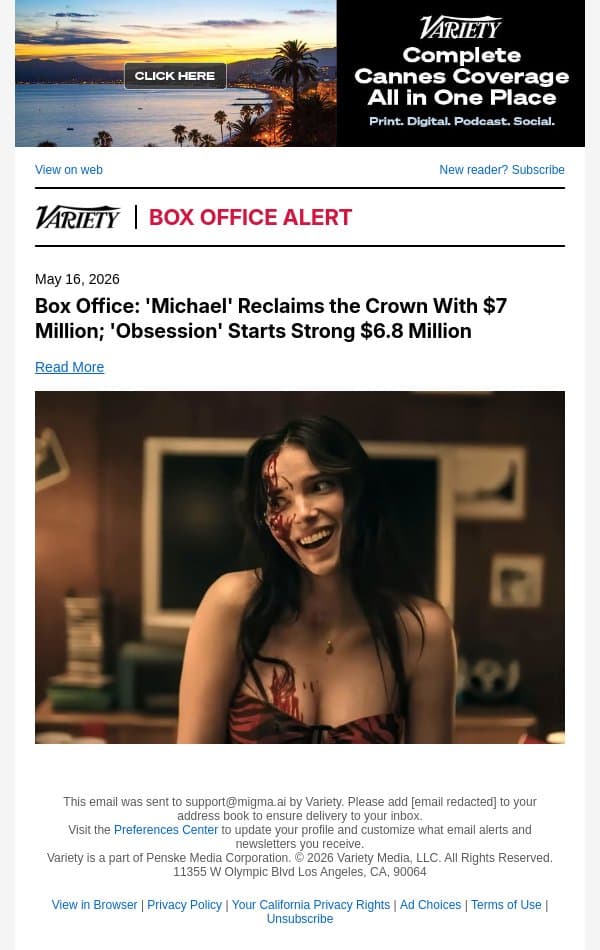 Box Office: 'Michael' Reclaims the Crown With $7 Million; 'Obsession' Starts Strong $6.8 Million email from Variety screenshot