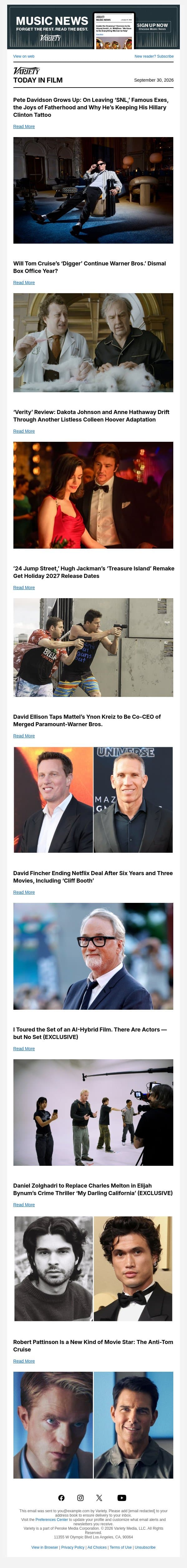 Paramount-Warner Bros. Merger Approved; Pete Davidson Cover; Warner Bros.' Dismal Box Office Year email from Variety screenshot